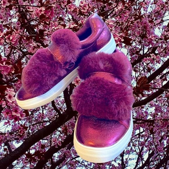 Plum / Red Metallic Slip On Sneakers with Faux Fur Tongue Detail size 5 - Picture 7 of 8